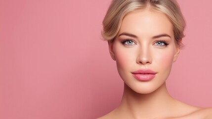 Beautiful woman portrait featuring stunning blond hair and blue eyes against a soft pink background.