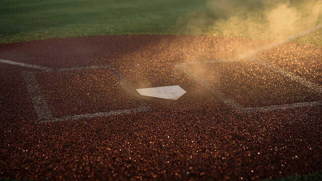 Dusty Base: A baseball field's base is highlighted, dust billows around the base, capturing the dynamic moment of the game in action. - Powered by Adobe