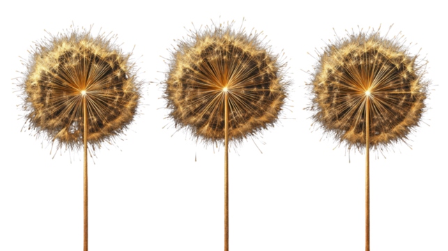 Three Golden Fireworks Burst Display for Celebration, Festival, and Holiday Event Isolated on White Background