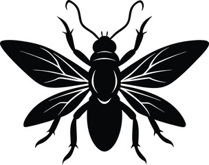 Stylized black silhouette of a bee with detailed wings and legs on a white background