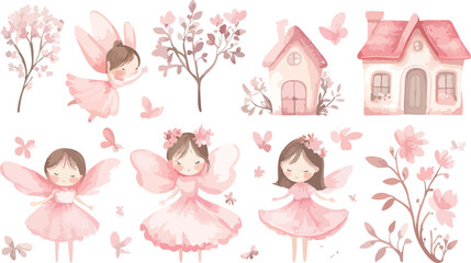 Watercolor Fairy Tale Illustration with Fairies Houses and Floral Elements