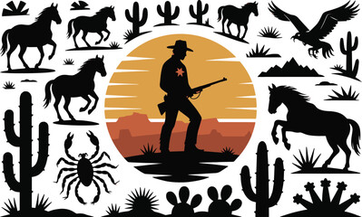 Wild West Icons Collection – Black Western-Themed Vector Symbols

