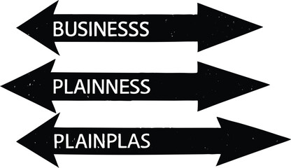 Three black arrows pointing in opposite directions with text business plainness plainplas