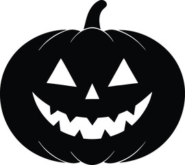 Simple black silhouette of a happy jack o lantern pumpkin face on white background