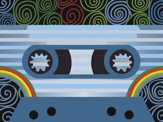 Naklejka premium Retro cassette tape with colorful spiral pattern and rainbow accents
