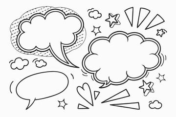 Collection of hand drawn comic style speech bubbles clouds and stars on white background