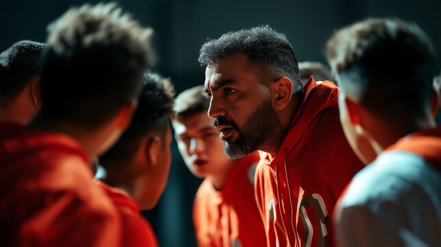 Middle Eastern basketball coach passionately guiding his team in a training session at an indoor court