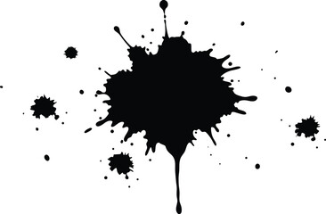 Black ink splatter and drips on a white background abstract design