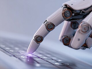 Robot hand point to laptop button advisor chatbot robotic artificial intelligence concept. Generative Ai