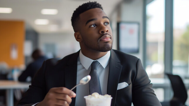 Professional Black businessman enjoying dessert in a modern office setting during a break from work