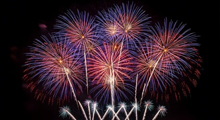 Naklejka premium Vibrant Fireworks Display: Red, White, and Blue Bursts Against Night Sky