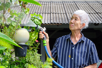 Senior asian woman watering the garden with hose in home garden.