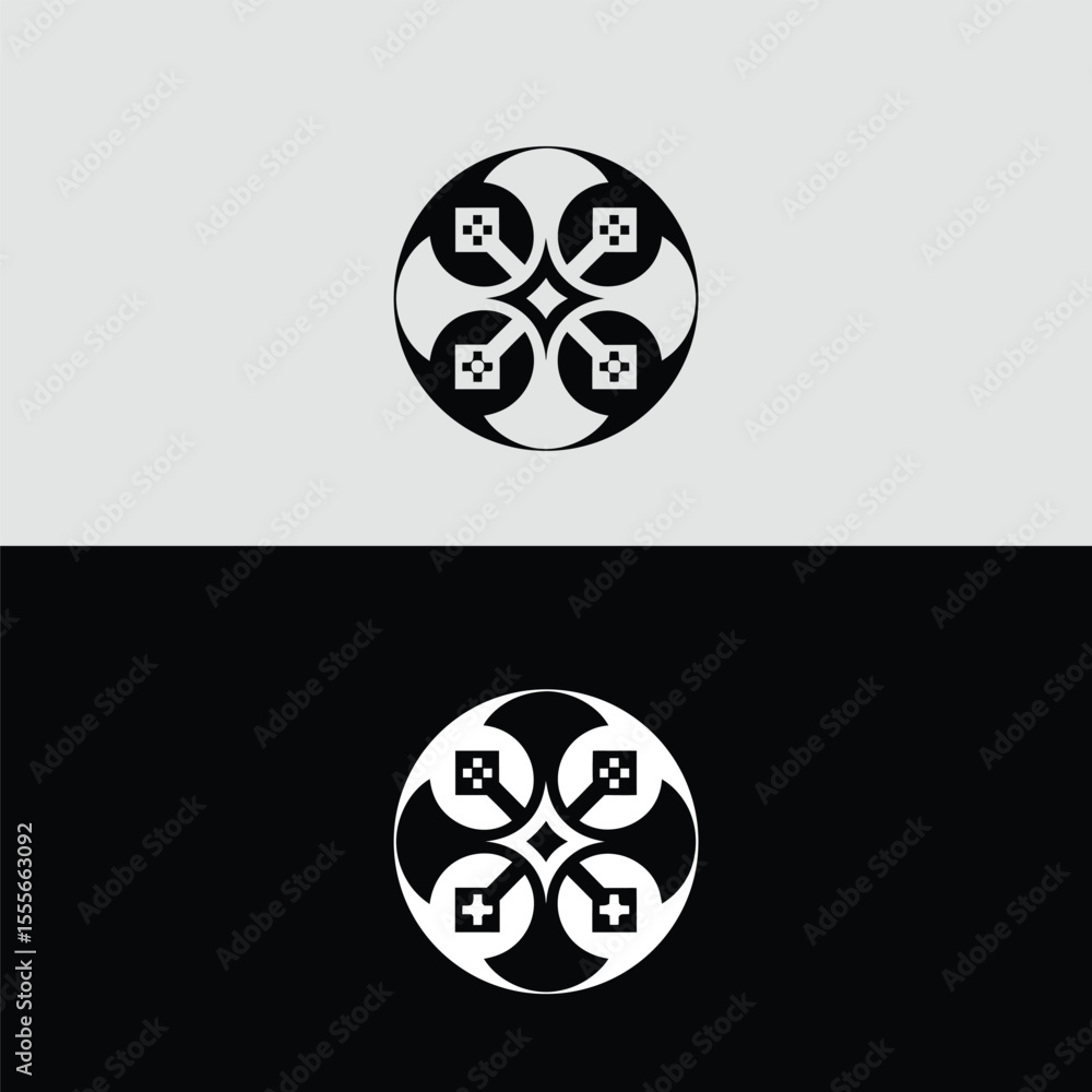 Poster abstract geometric logo design in black and white featuring a stylized circular shape with cross pat