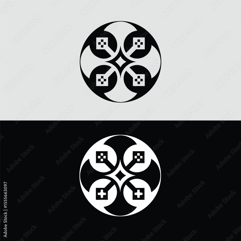 Poster abstract geometric logo design in black and white featuring a stylized circular shape with key patte