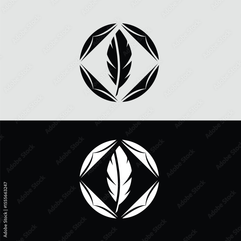 Poster a feather inside a circular geometric frame creates a minimalist logo design isolated on white backg