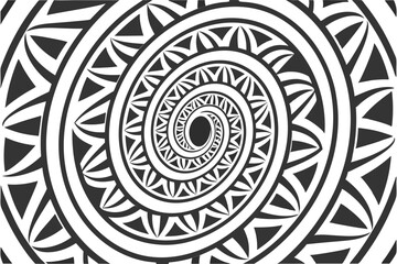 Intricate black and white spiral pattern with tribal geometric motifs