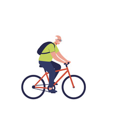 Naklejka premium Elderly man riding bicycle with backpack against white background 