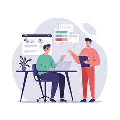 Two men discussing business trends in modern office setting  