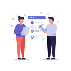 Man and woman discussing project details while reviewing documents  