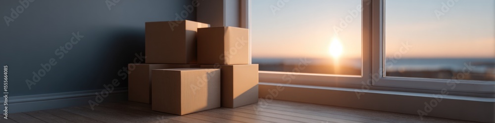 Poster warm sunlight streams through window illuminating stacked boxes