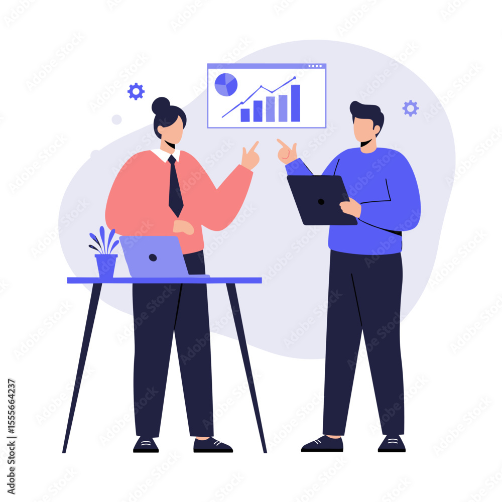 Poster two coworkers discussing statistics while reviewing data on tablet