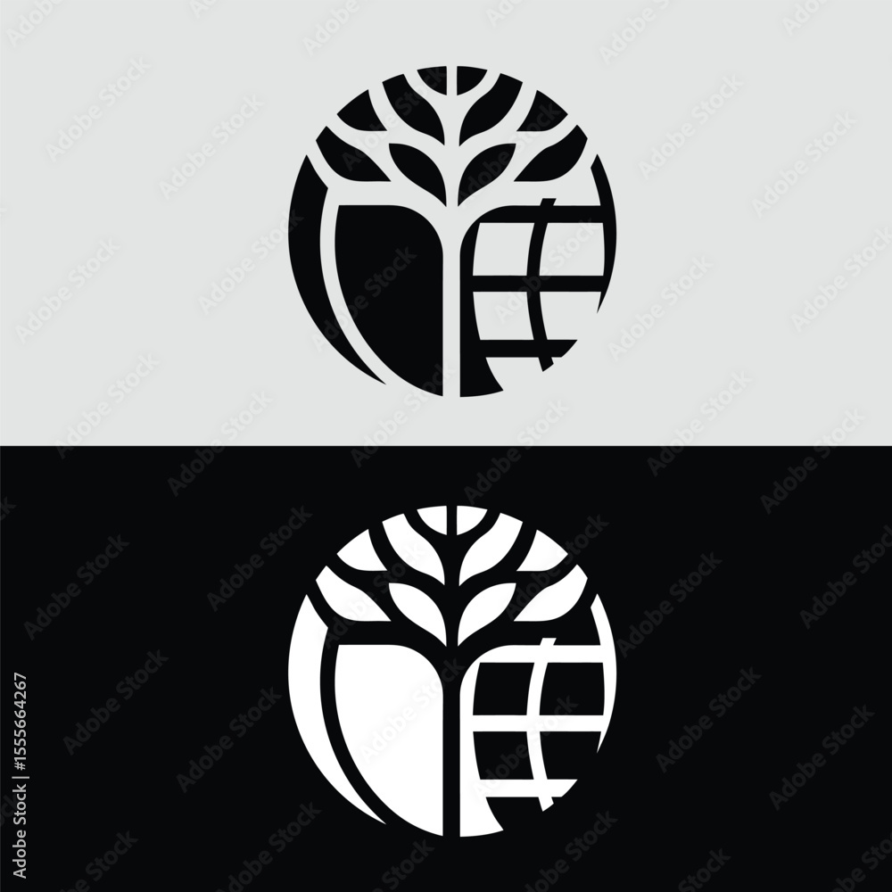 Fototapete abstract tree logo design features a modern and simple style with black and white contrast isolated 