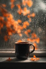 Warm mug sits on windowsill, surrounded by raindrops and autumn