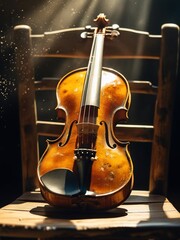 Antique violin glowing under sunbeams on a wooden chair with shimmering dust