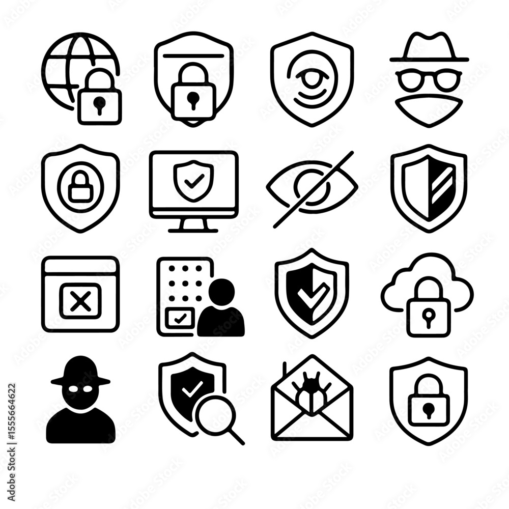 Poster cybersecurity concept, depicting a set of sixteen distinct icons designed to represent various aspec
