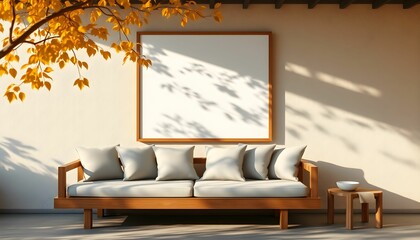 A modern outdoor seating area with a framed artwork and autumn foliage.