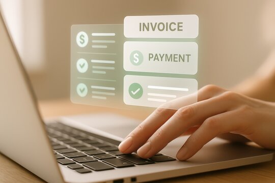 Online invoice payment processing on laptop for business and accounting tasks - Powered by Adobe