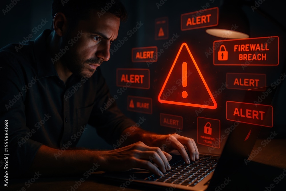 Poster cybersecurity threat detection man working on laptop with alert notifications