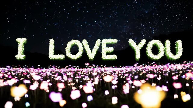 Romantic i love you message displayed against lit flowers and starry night sky