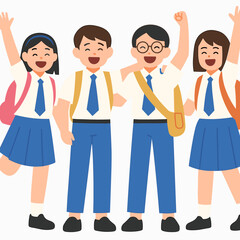Group of cheerful Asian students celebrating together in school uniforms  