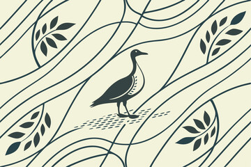 Stylized dark blue bird with leaf motifs and flowing lines on cream background