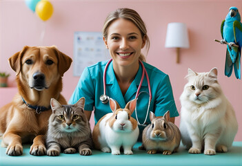 vet surrounded by pets
