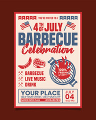 4th of July Barbecue Celebration Party vertical flyer, independence day bbq invitation poster vector template design