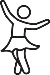 a simple outline icon of a dancing figure with arms outstretched and a skirt.