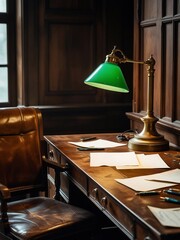 Timeless study interior featuring a distinguished wooden desk and traditional green banker lamp