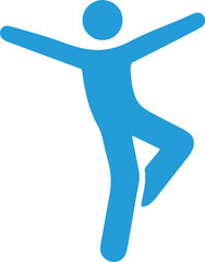  a simple, solid blue silhouette icon of a person balancing on one leg with arms outstretched
