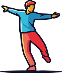 stylized vector illustration of a person balancing on one leg with their arms outstretched, wearing a blue shirt and red pant