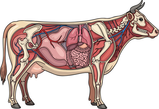 A meticulously crafted vector illustration of a cow's internal anatomy offers a clear and comprehensive view of its complex internal structures