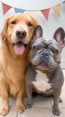 Obraz premium dog birthday portrait Adorable Golden Retriever and French Bulldog Together at Home party hat pet photo funny dog celebration shot