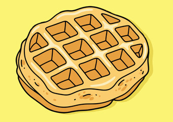  a top-down cartoon illustration of a plain, round waffle with a grid pattern, rendered in light yellow and orange with dark outlines