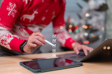 Productive Festive Christmas Work White Stylus Guides Digital List On Tablet, Set Against Light...