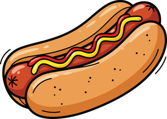 a cartoon illustration of a hotdog in a bun, topped with red ketchup and yellow mustard