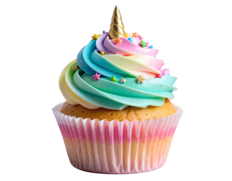 Unicorn Fantasy Cupcake with Rainbow Swirl Icing, isolated on transparent background - Powered by Adobe