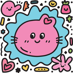 Cute pink cartoon cat face surrounded by colorful abstract shapes and doodles