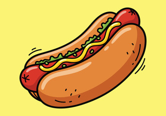  a colorful cartoon illustration of a hotdog in a bun, topped with green relish and yellow mustard.