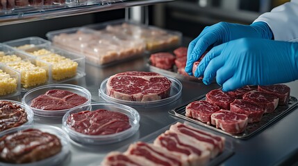 Fresh meat selection in a food preparation area with gloves on.